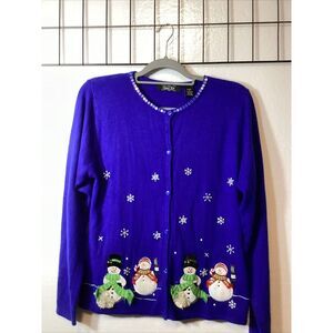 Crystal Robe Women XL‎ Christmas Sweater Cardigan Blue Button Up 58848